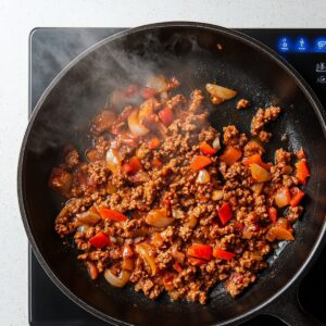 Ground beef cooked in a skillet with diced red bell peppers and onions, steaming hot on a stovetop, showing a rich, well-seasoned meat mixture for Dorito casserole.