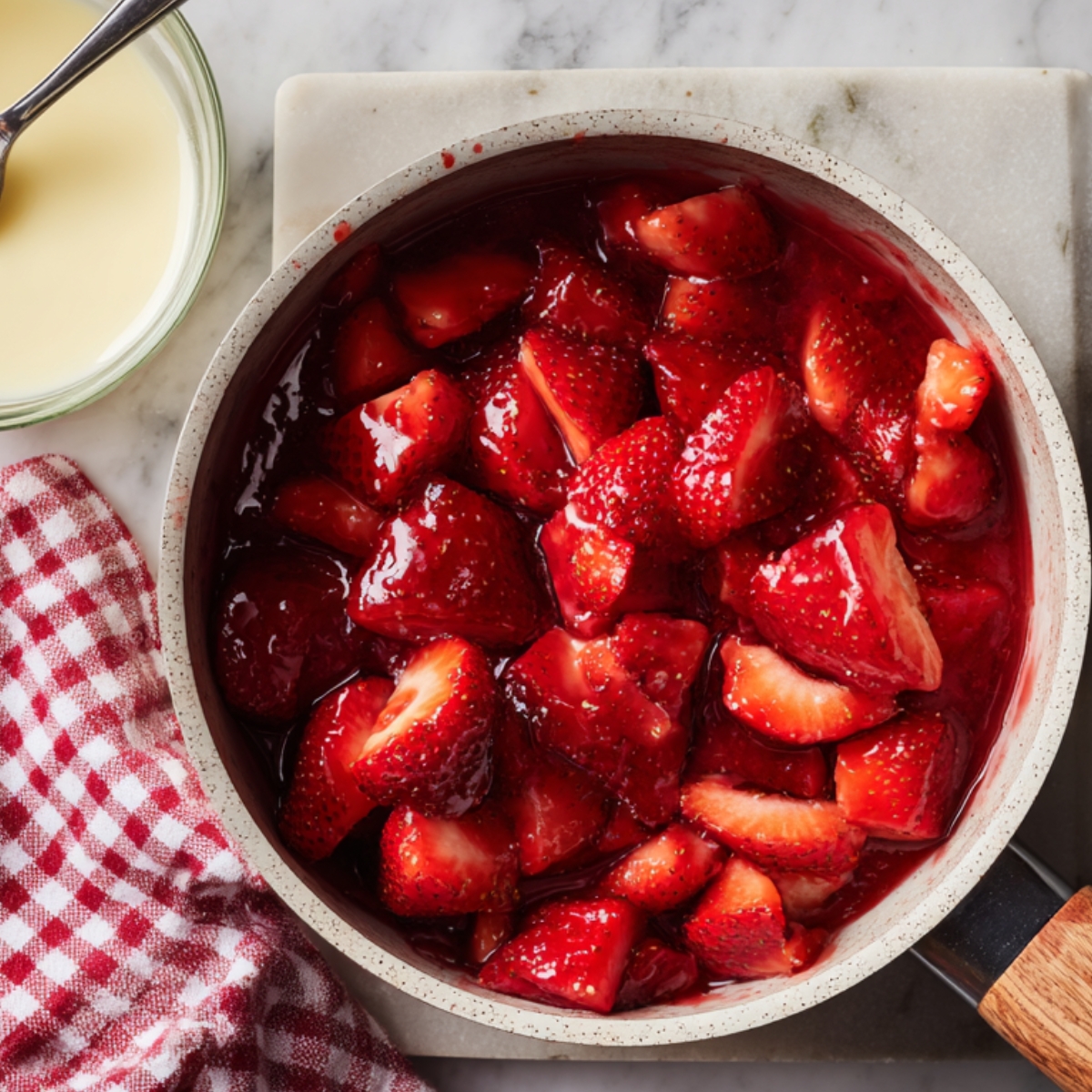 Homemade strawberry topping in a saucepan, with halved strawberries coated in glossy red sauce, next to a red checkered towel and a bowl of cream on a marble surface.