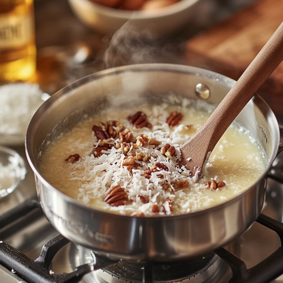 A saucepan on the stove with bubbling coconut-pecan topping being stirred with a wooden spoon, steam rising as it cooks in a cozy kitchen setting.