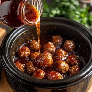 Thick grape jelly sauce being poured over meatballs in a crockpot, coating them in a glossy glaze, ready to slow cook for a homemade appetizer.