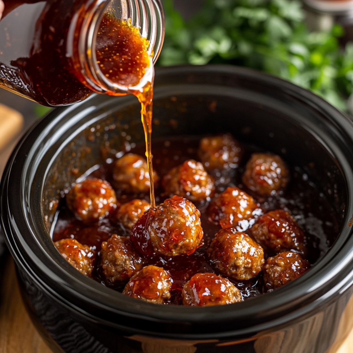 Thick grape jelly sauce being poured over meatballs in a crockpot, coating them in a glossy glaze, ready to slow cook for a homemade appetizer.