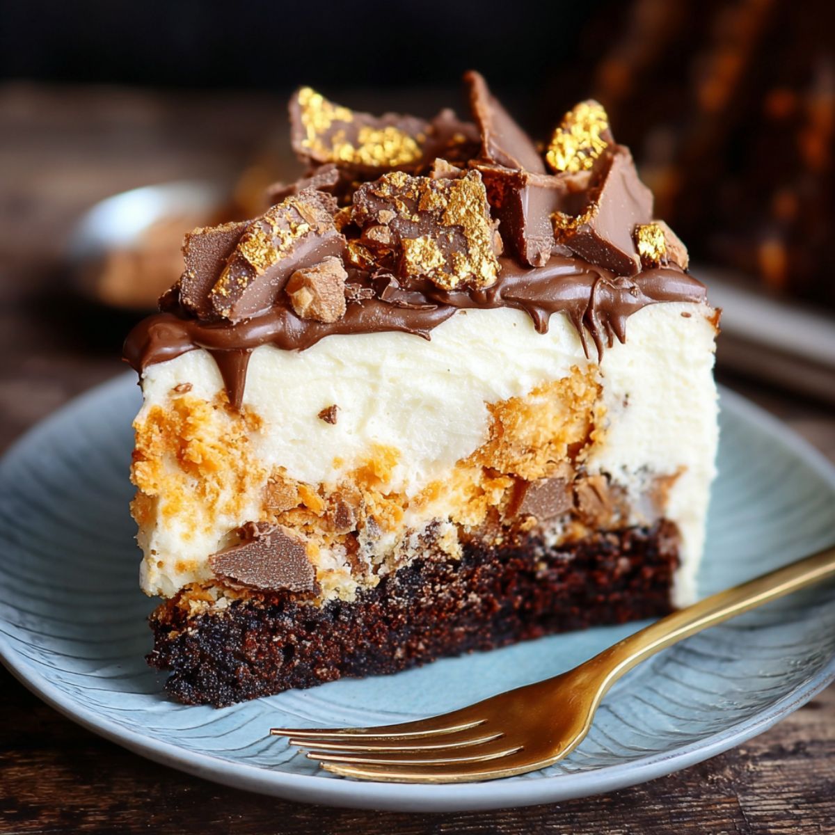 Easy Butterfinger cake slice with chocolate and vanilla layers, creamy frosting, ganache, chopped candy, and gold flakes on a blue plate.