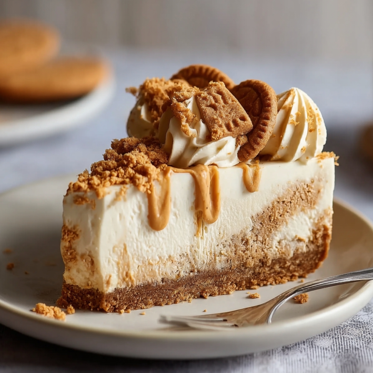 Slice of homemade no bake Biscoff cheesecake with a cookie crust, creamy filling, Biscoff drizzle, whipped cream, and cookie crumbles on top. Served on a plate with a fork, cozy and real kitchen vibe.