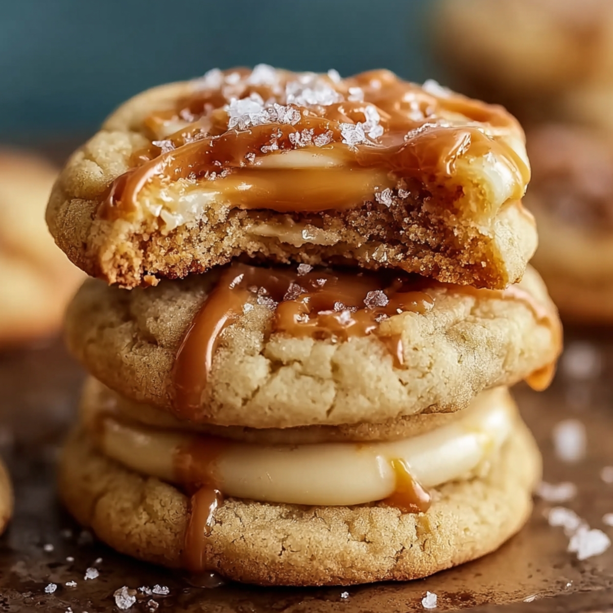 Close-up of homemade salted caramel cheesecake cookies, stacked with gooey caramel drizzle and sea salt flakes on top, one cookie with a bite taken out to reveal creamy cheesecake filling.