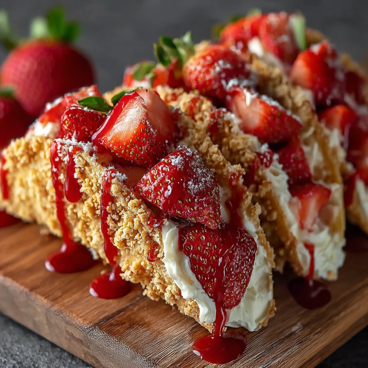 Easy strawberry crunch cheesecake tacos on a wooden board, filled with rich cream cheese filling and topped with juicy strawberry chunks and strawberry sauce. The golden taco shells are coated in buttery graham cracker crumbs, with fresh strawberries scattered around for a rustic, hand-crafted touch.