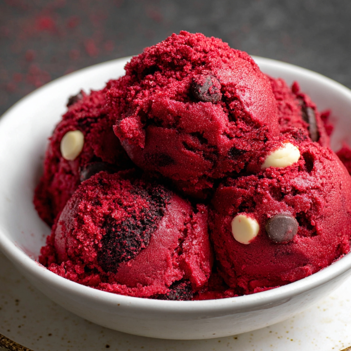Homemade red velvet cookie dough scoops in a white bowl, with visible dark chocolate chunks, crushed cookie bits, and white chocolate chips, set against a dark textured background.