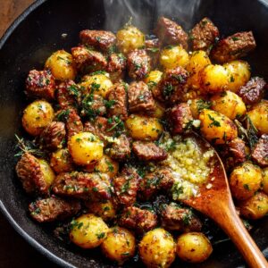 Garlic steak bites and baby potatoes sizzling in a skillet, coated in garlic butter with fresh herbs. A wooden spoon stirs minced garlic into the pan. Everything looks hot, juicy, and freshly cooked.