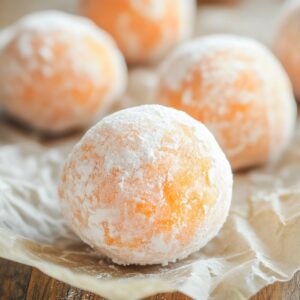Homemade orange creamsicle truffle coated in powdered sugar, resting on parchment paper with orange color peeking through.