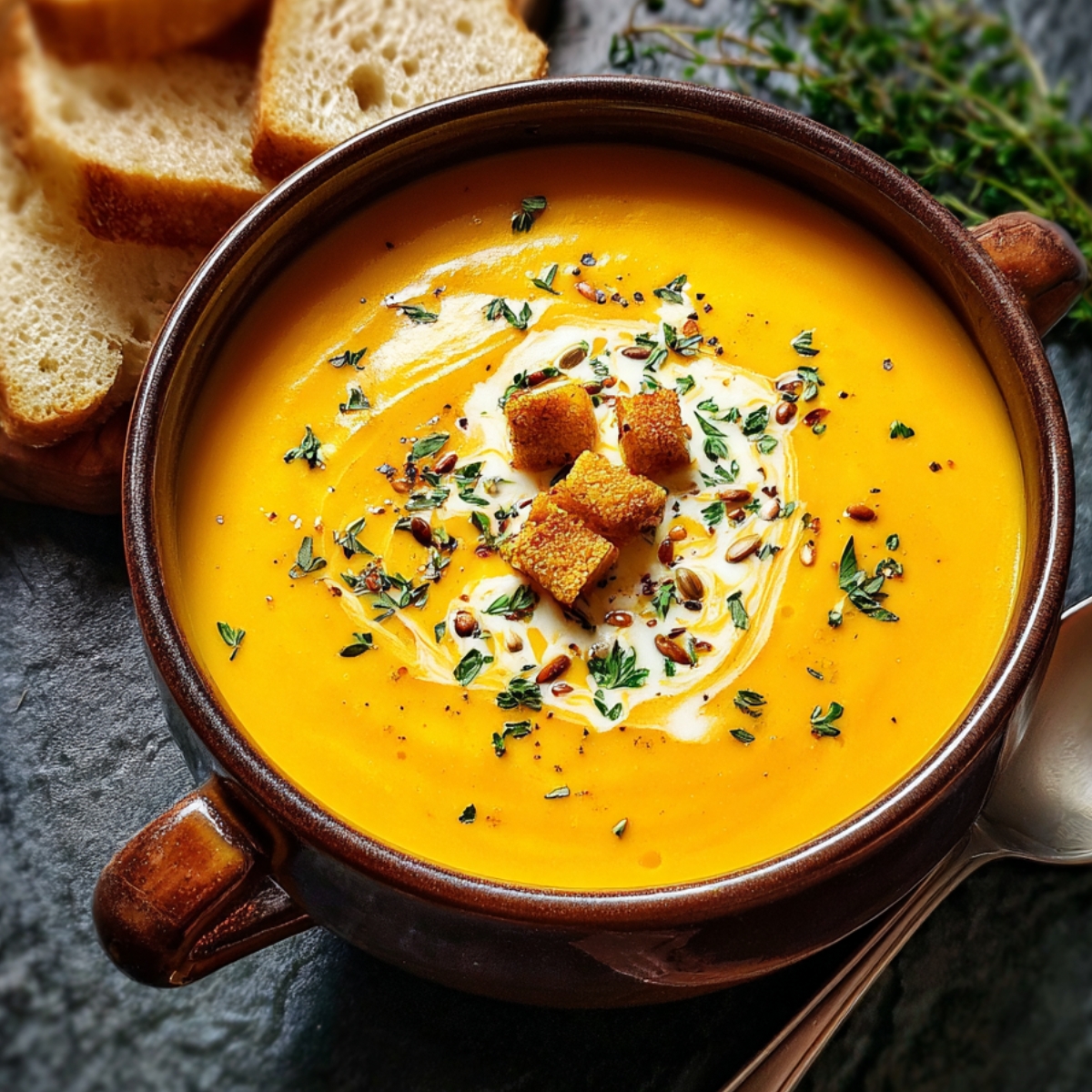 Homemade butternut squash soup in a brown bowl, topped with cream, croutons, fresh herbs, and seeds, served with sliced bread on the side.