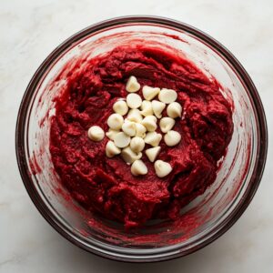 Glass bowl of red velvet cookie dough with white chocolate chips on top, ready to mix, on a light countertop.