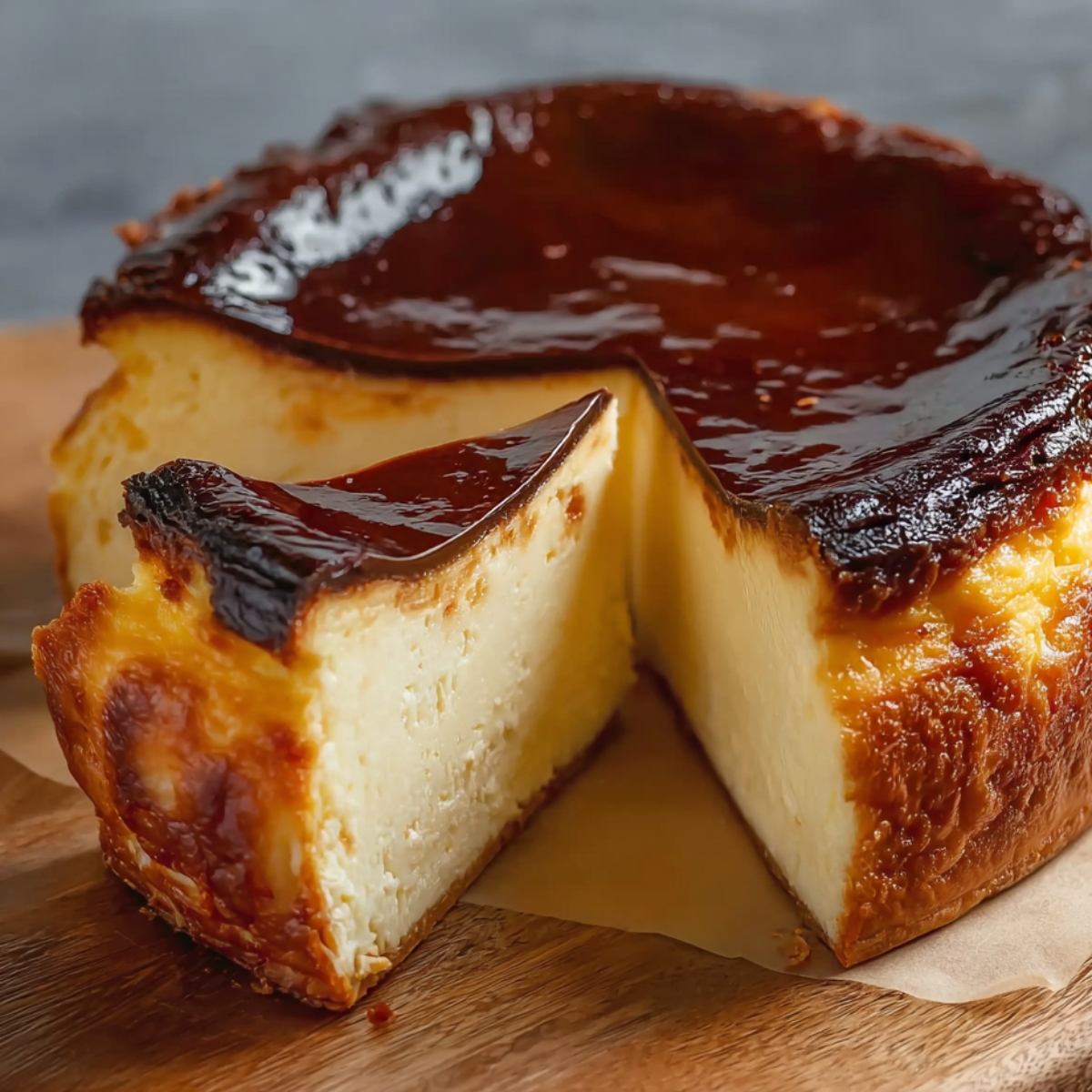 Homemade Basque Burnt Cheesecake with a glossy, dark caramelized top, a creamy custard-like center, and one slice cut out, sitting on parchment over a wooden board.