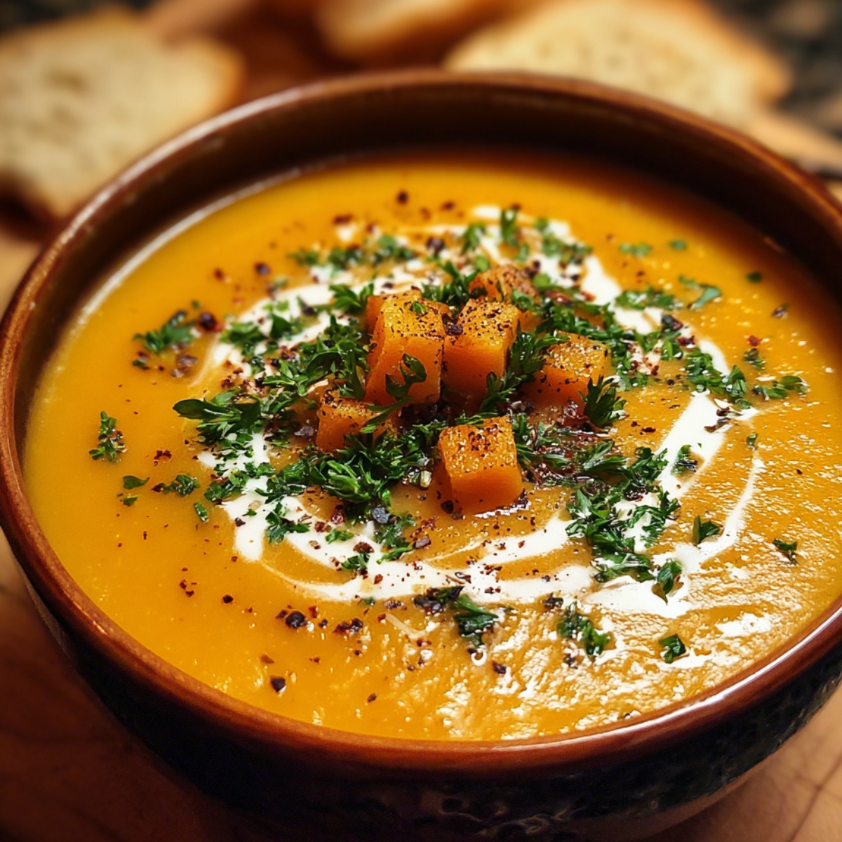Homemade butternut squash soup in a rustic bowl, topped with cream, roasted squash cubes, parsley, and cracked pepper, with crusty bread in the background.