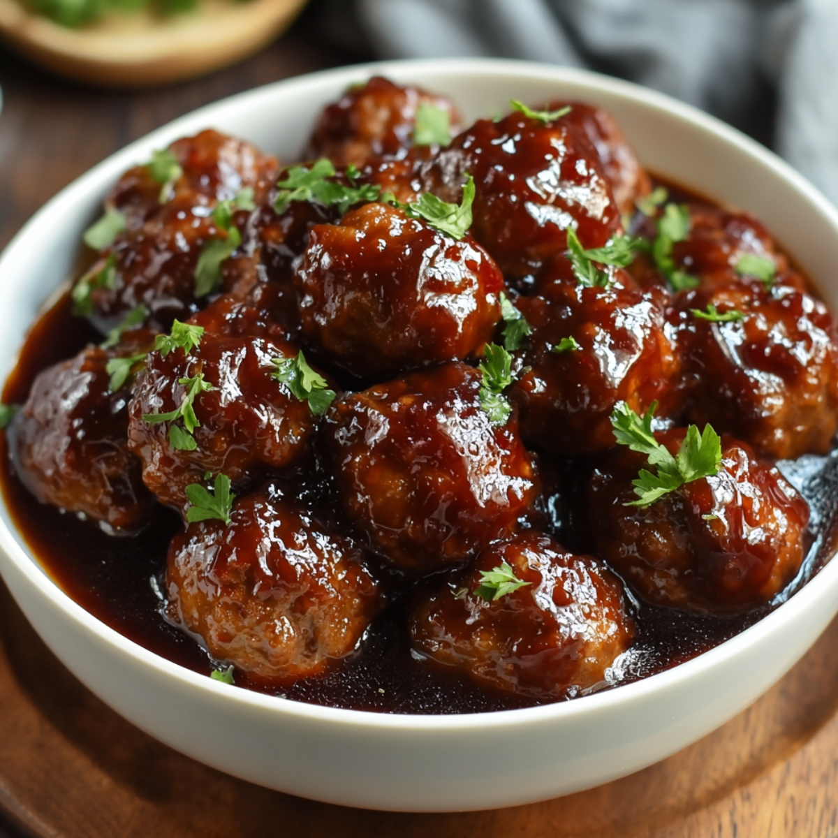 Homemade grape jelly meatballs in a white bowl, coated in a glossy sweet-and-savory sauce and topped with fresh parsley.