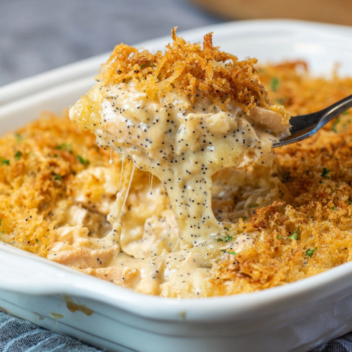 A fork lifts a creamy, cheesy scoop of homemade poppy seed chicken casserole from a white baking dish, showing tender chicken, black poppy seeds, and a golden, crispy topping.