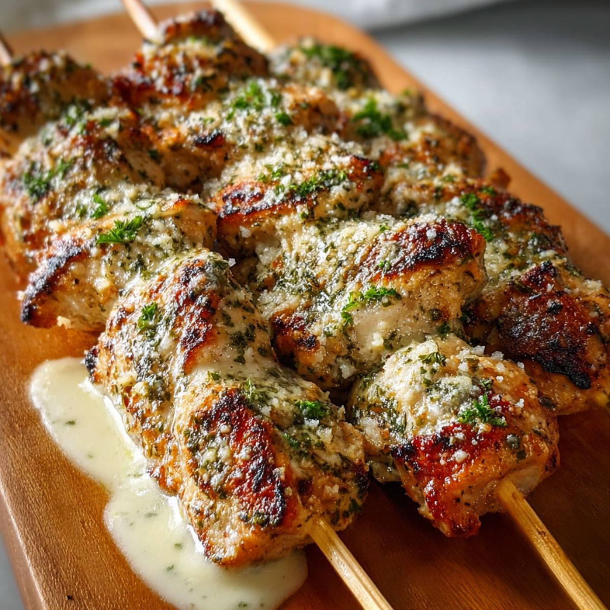 Homemade grilled chicken skewers on a wooden platter, coated in melted parmesan, garlic, ranch seasoning, and herbs, with golden-brown edges and a drizzle of creamy sauce.