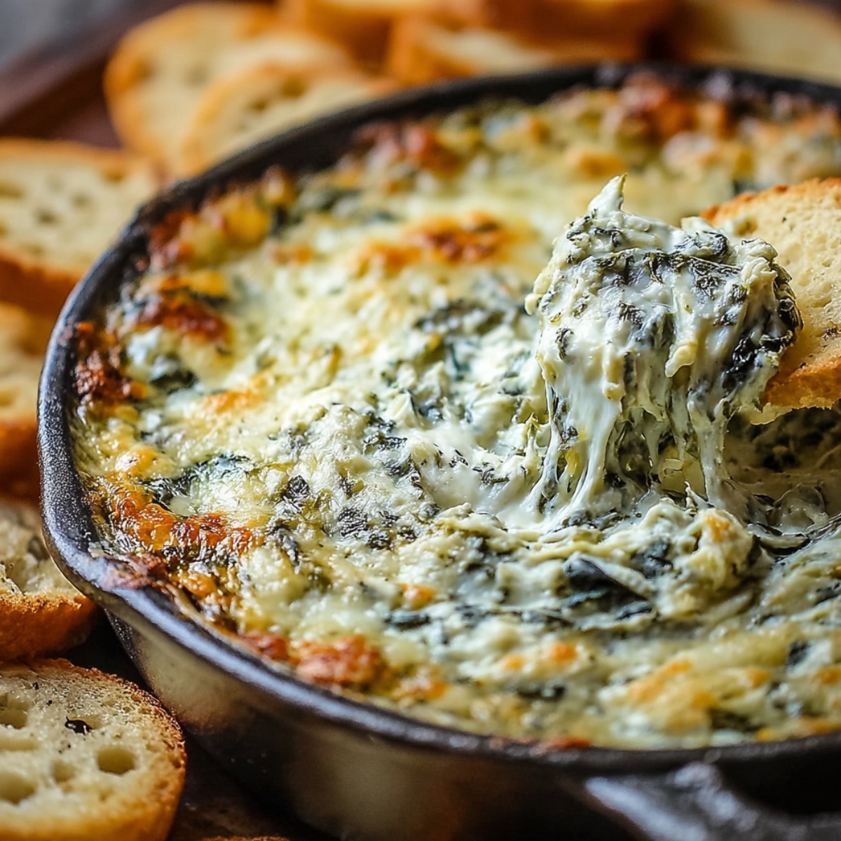 Homemade Spinach Artichoke Dip in a cast iron skillet, with a baguette slice lifting gooey, melty cheese, surrounded by toasted bread slices.