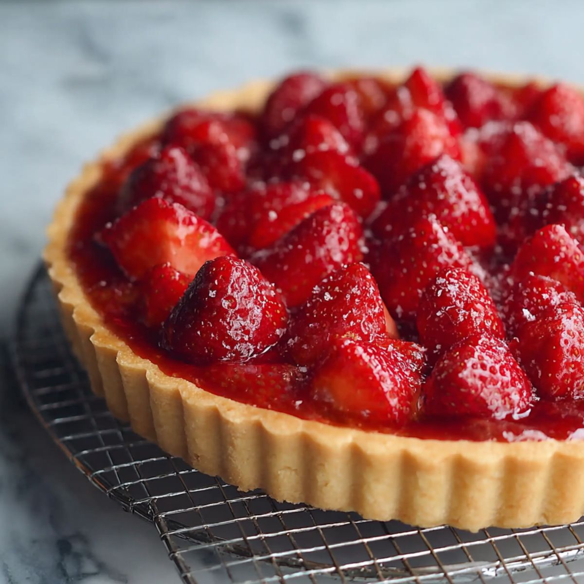 Homemade strawberry tart with a golden, fluted crust, neatly layered with glossy, syrup-coated strawberry slices arranged in a circular pattern, garnished with small green mint leaves, sitting on a wire rack over a white marble surface.