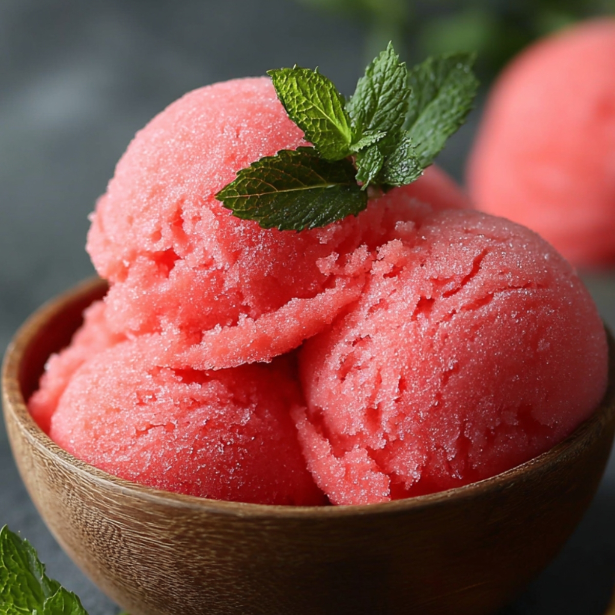 Homemade watermelon sorbet scoops in a wooden bowl, topped with fresh mint, on a dark stone surface with a gold spoon beside it.