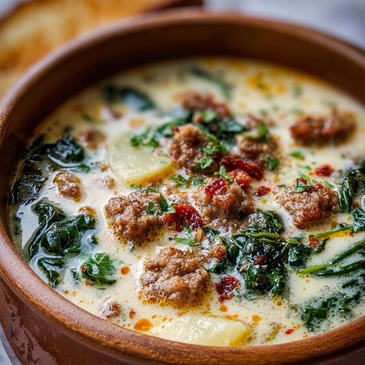 A warm, homemade bowl of Zuppa Toscana soup with creamy broth, browned sausage, tender potato slices, wilted kale, crispy bacon bits, and fresh parsley, served in a rustic bowl with toasted bread in the background.
