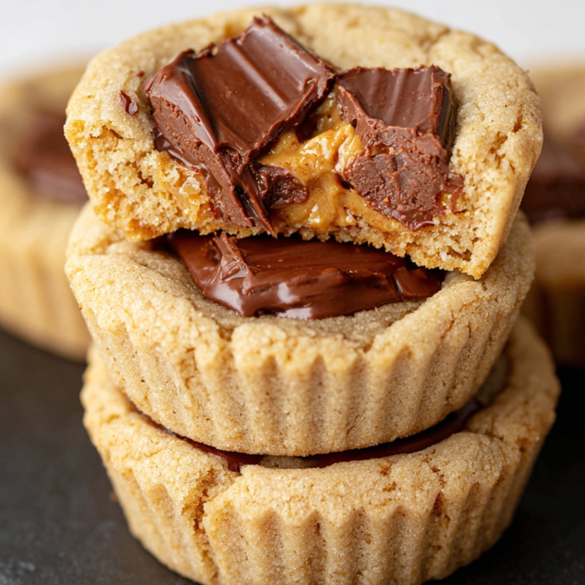Stack of homemade peanut butter cup cookies, with the top one broken open to show gooey melted chocolate and creamy peanut butter filling inside a soft, golden-brown cookie.