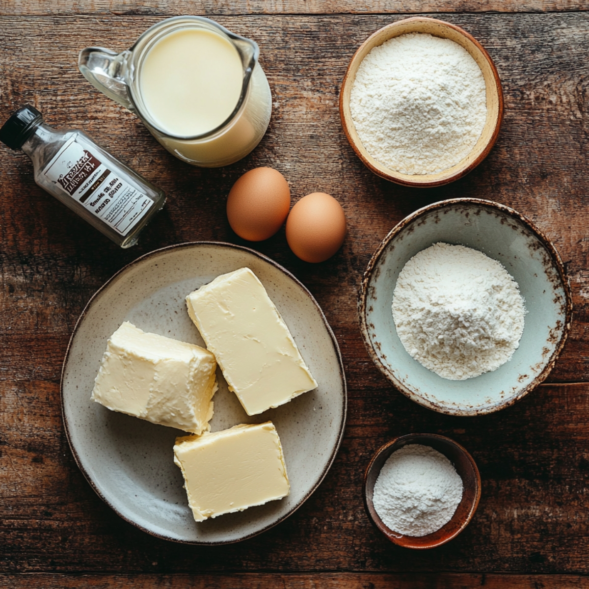 Flat lay of Basque Burnt Cheesecake ingredients including butter, eggs, flour, vanilla extract, and cream on a rustic wooden surface.