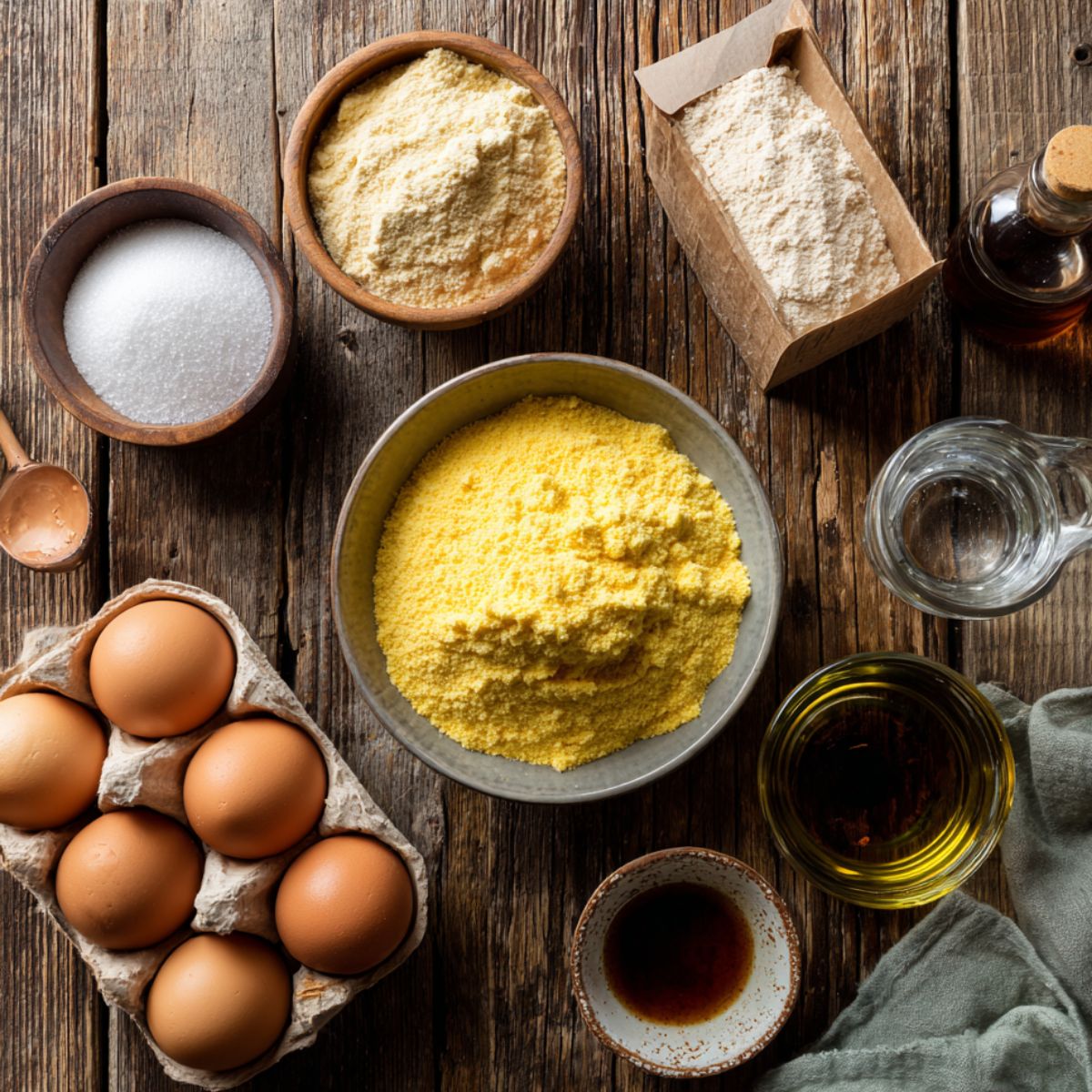 Top-down view of Butterfinger cake ingredients on a rustic wooden surface: yellow cake mix, eggs, sugar, flour, vanilla, water, and oil. Natural, homemade lighting.