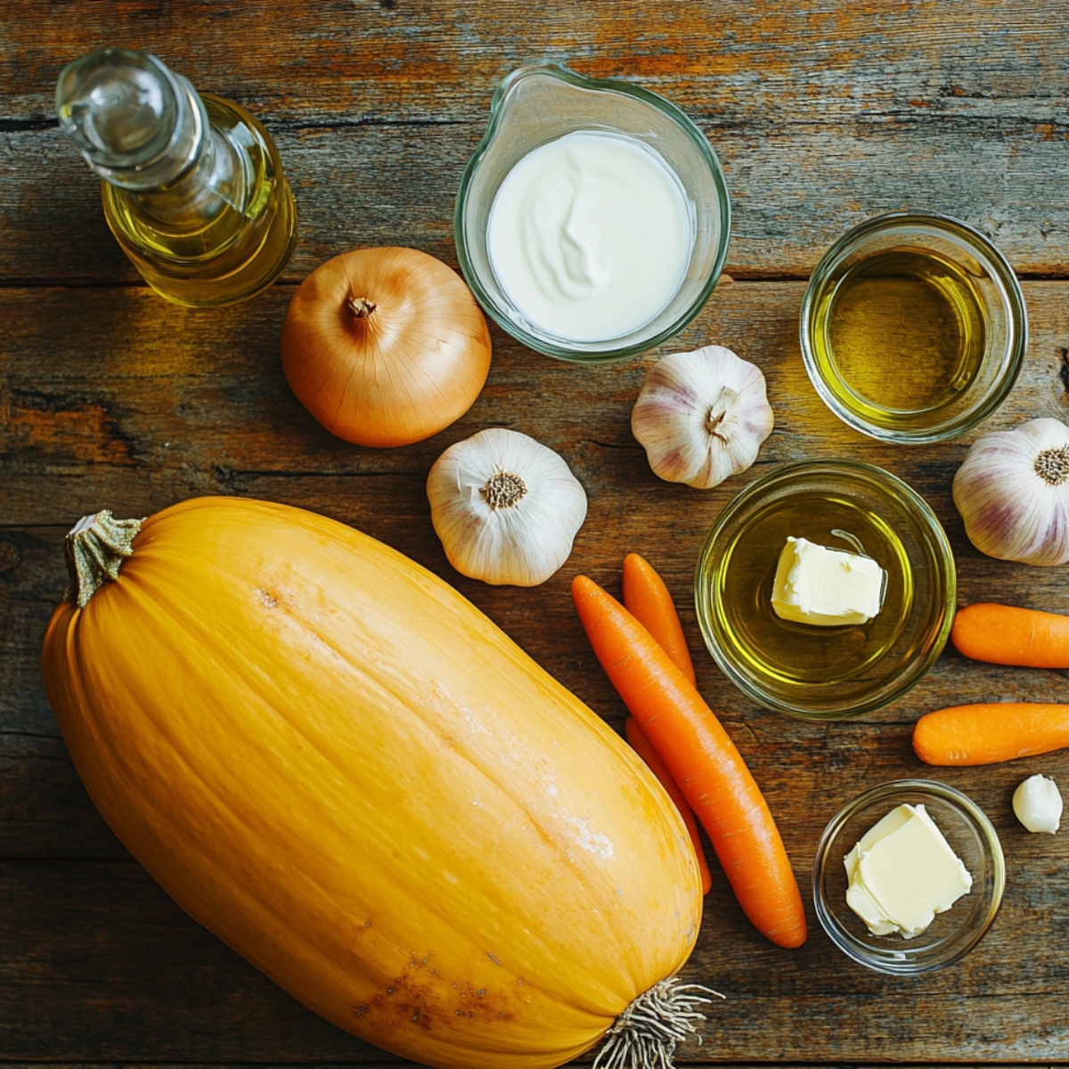 a large yellow squash and vegetables on a wooden table