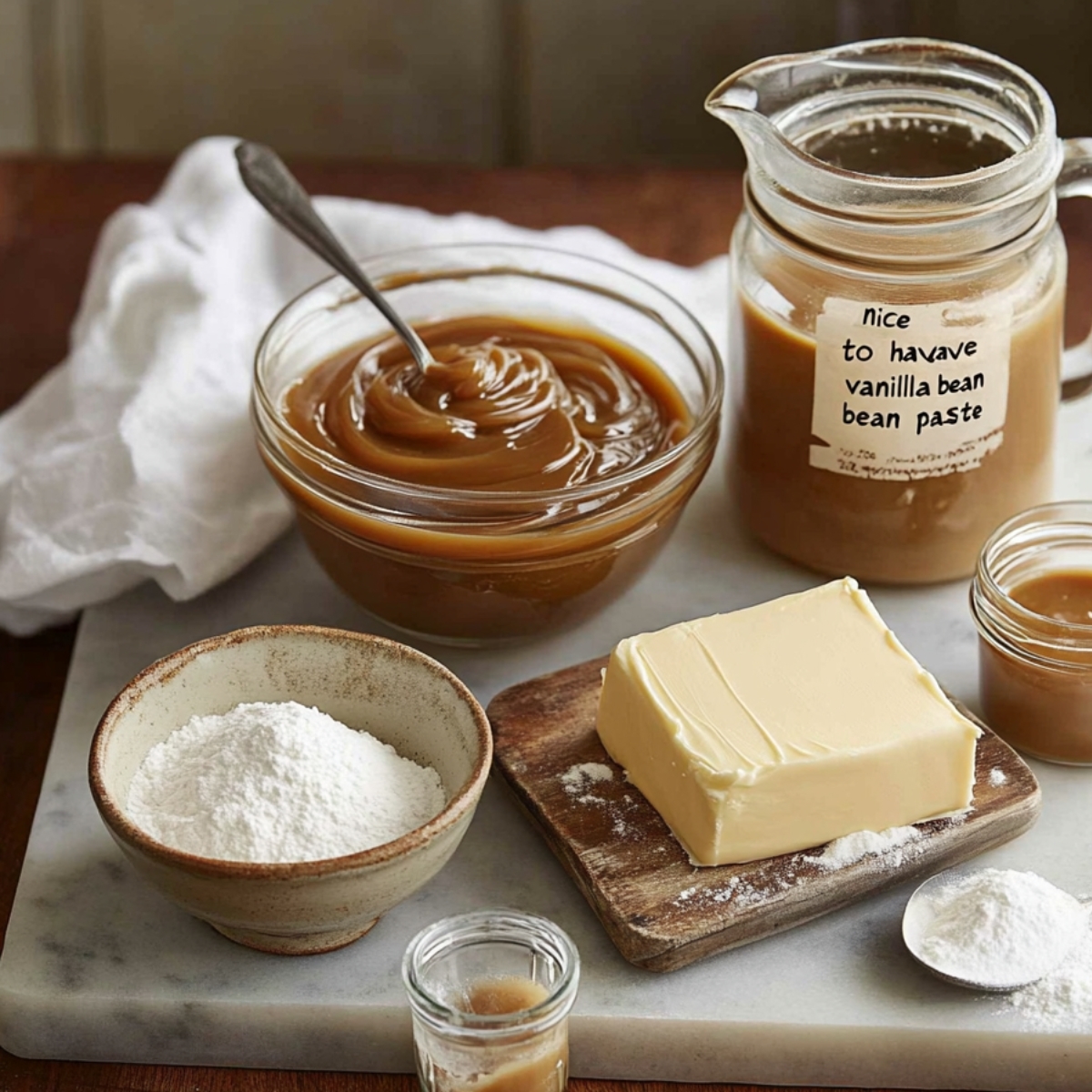 Caramel frosting ingredients on a marble surface, including a bowl of thick caramel, butter, powdered sugar, vanilla bean paste, and small jars of caramel and milk, styled in a cozy kitchen setting.
