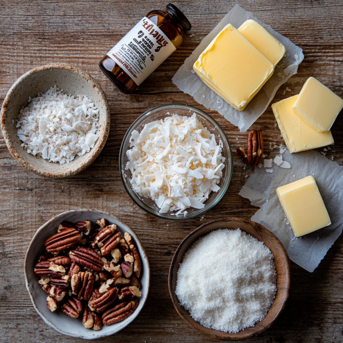 A rustic wooden table with ingredients for German chocolate brownie topping: bowls of flaked coconut, chopped pecans, sugar, and butter on parchment, with a vintage bottle of vanilla extract nearby.