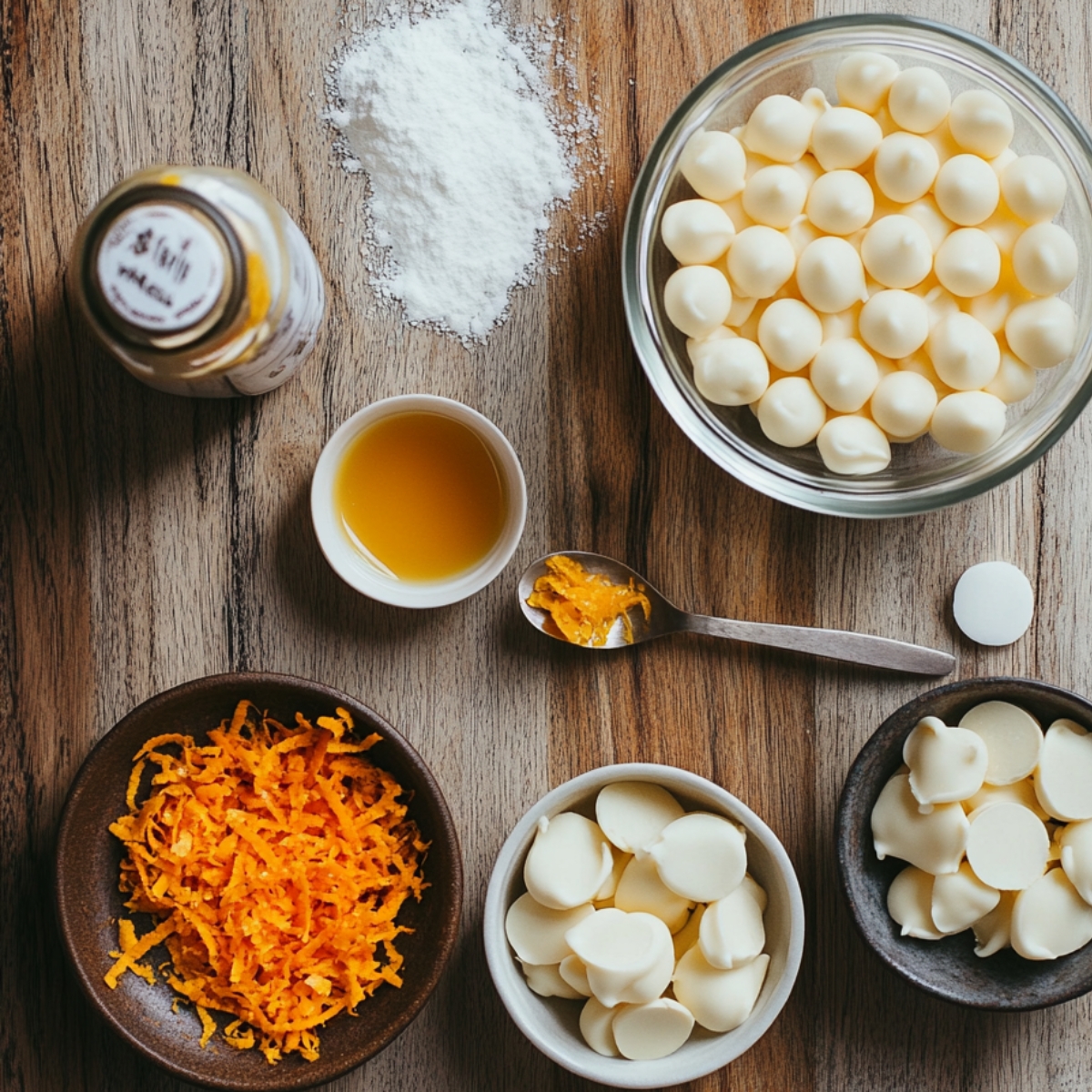 A flat-lay of homemade orange creamsicle truffle ingredients on a wooden surface, including white chocolate chips, orange juice, grated orange zest, powdered sugar, and vanilla extract in small bowls and spoons.