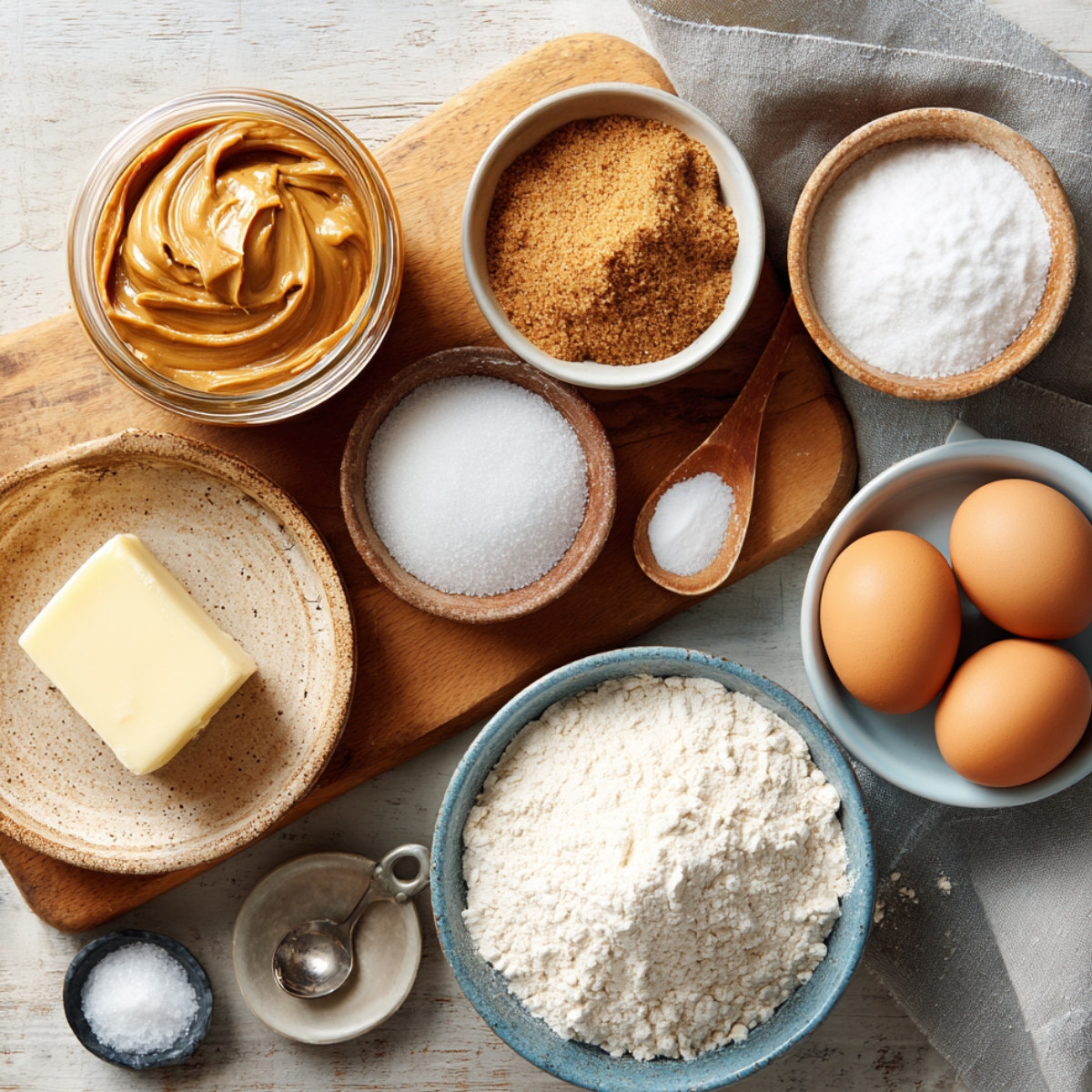 Flat lay of peanut butter cookie ingredients including peanut butter, sugars, flour, eggs, butter, baking soda, and salt on a rustic surface.