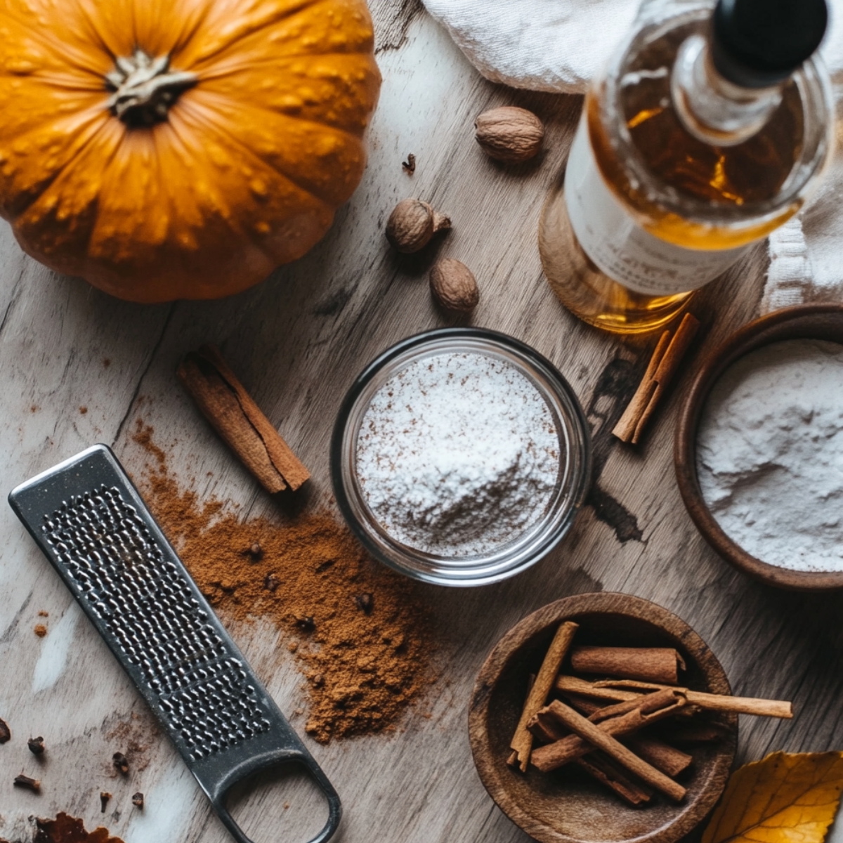 Fresh pumpkin pie spices on a rustic wood surface, including cinnamon sticks, grated nutmeg, powdered sugar, vanilla, and a whole pumpkin with a grater.