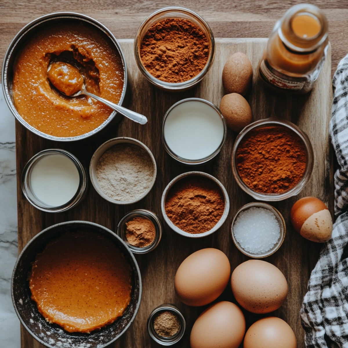 Pumpkin pie filling ingredients arranged on a wooden board, including pumpkin puree, spices, eggs, milk, sugar, and vanilla, in a cozy kitchen setting.