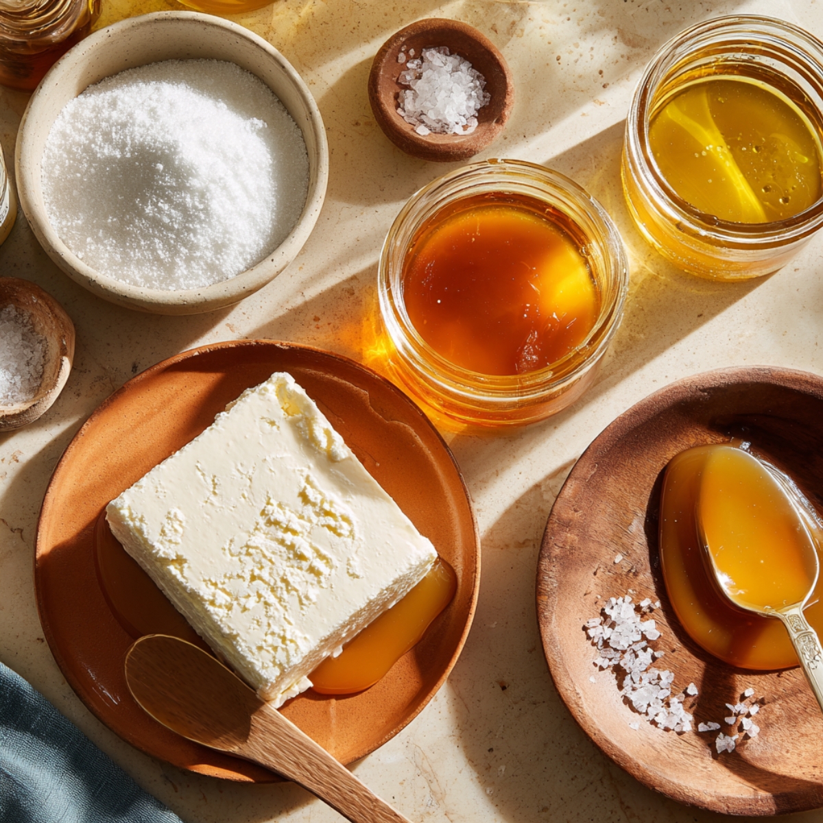 Ingredients for salted caramel cheesecake cookies, including cream cheese, caramel sauce, sea salt, and sugar, arranged in natural light on a kitchen counter.