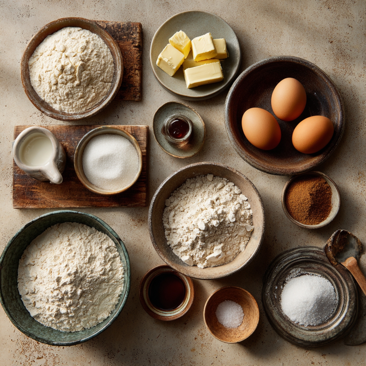 Top-down view of neatly arranged ingredients for homemade salted caramel cheesecake cookies, including flour, butter, eggs, sugars, milk, and vanilla.