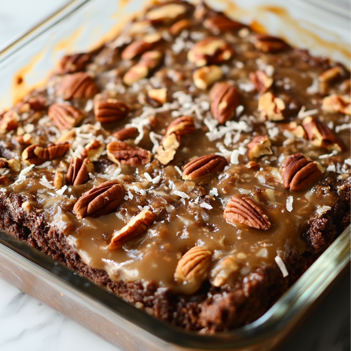 A glass dish of German chocolate brownies topped with glossy coconut-pecan frosting, whole pecans, and shredded coconut on a marble countertop.