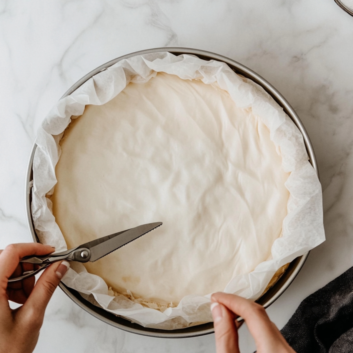 Hands lining a springform pan with parchment paper, pressing it into place and trimming the edges.