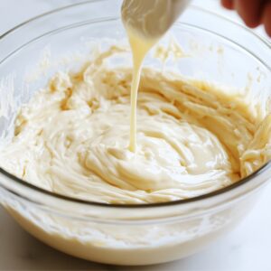 Creamy cake batter in a glass bowl with sweetened milk being poured in, creating smooth, glossy swirls on a white kitchen counter.