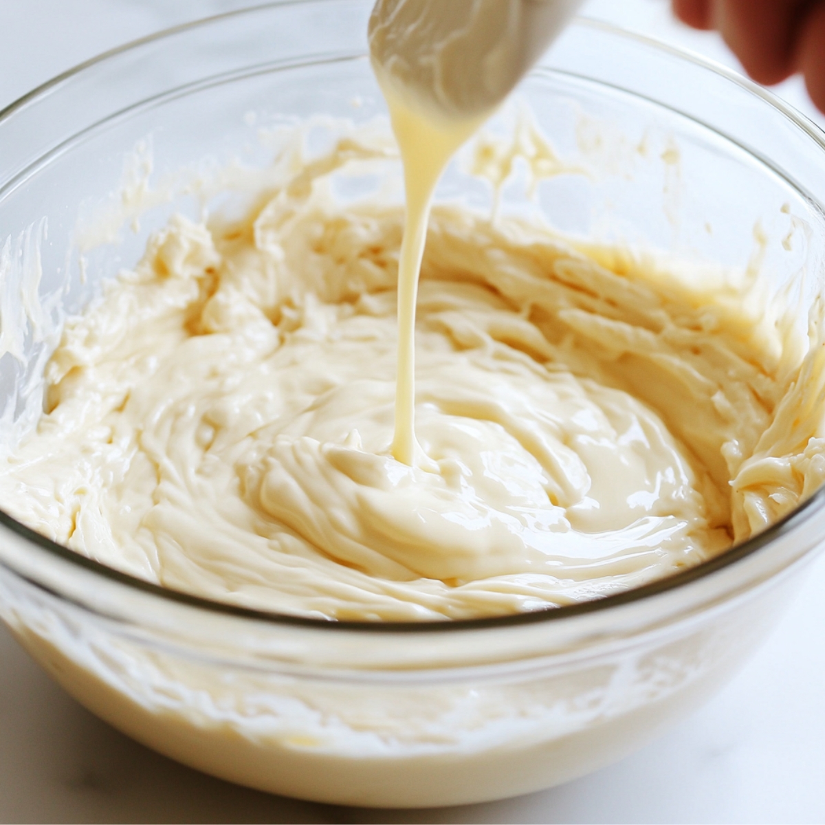 Creamy cake batter in a glass bowl with sweetened milk being poured in, creating smooth, glossy swirls on a white kitchen counter.