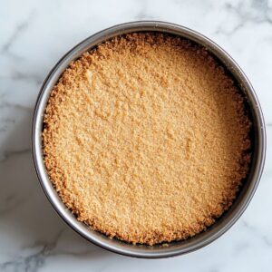 Homemade graham cracker crust pressed into a round pan, ready for baking on a marble surface.