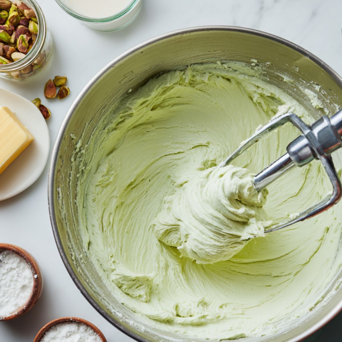 Homemade pistachio macaron filling being whipped in a large metal mixing bowl, surrounded by real ingredients like butter, powdered sugar, pistachios, and cream on a white countertop.