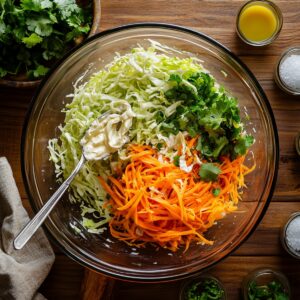 Shredded cabbage, carrots, cilantro, and a spoonful of mayo in a glass bowl, ready to mix for homemade shrimp taco slaw.