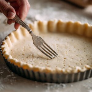 Hand pricking a homemade tart shell with a vintage fork in a fluted metal pan, dusted with flour.