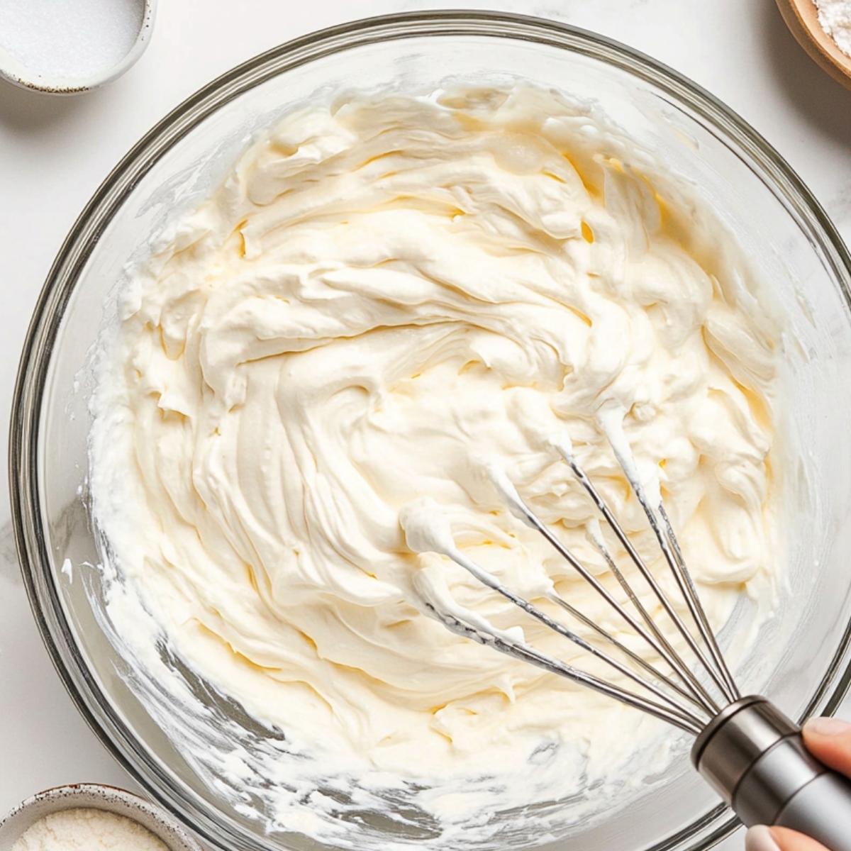 Top-down view of whipped cream in a glass bowl with a metal whisk, surrounded by small bowls of ingredients on a white surface.