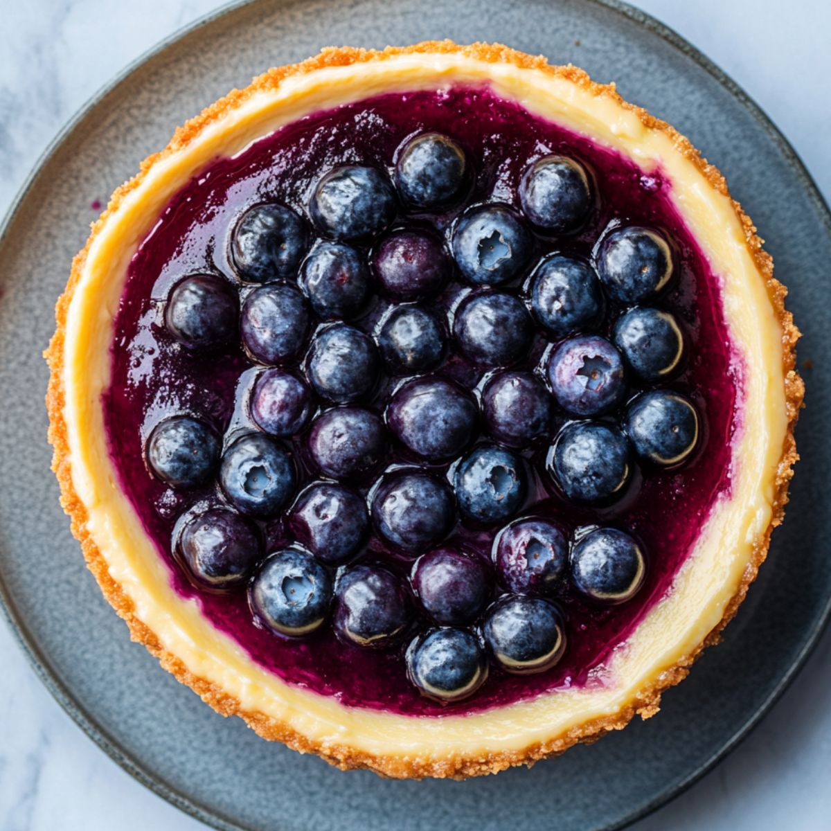 Homemade blueberry cheesecake with glossy whole berries and vibrant purple topping on a ceramic plate.