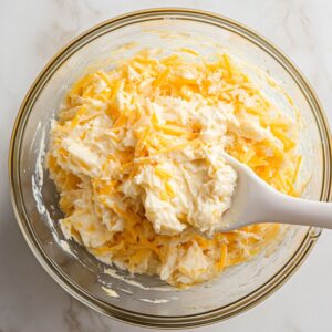 Glass bowl filled with a creamy mixture of shredded hashbrowns, cheddar cheese, sour cream, and soup, being stirred with a white plastic spoon on a light marble countertop.