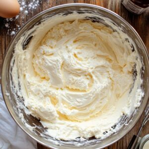 Creamy cheesecake filling being mixed in a large metal bowl on a rustic wooden surface.