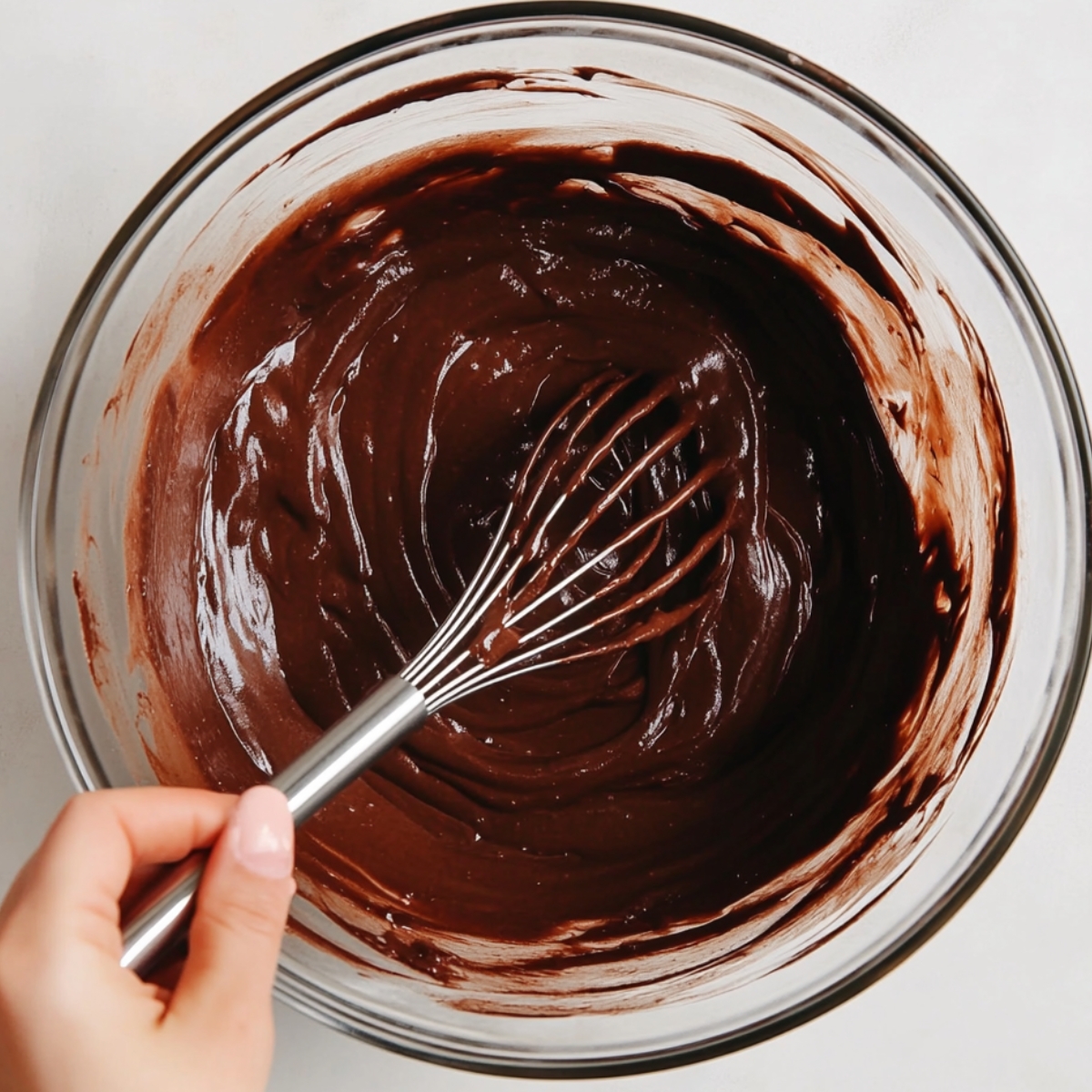 Thick chocolate cake batter being whisked in a glass bowl, ready for baking.