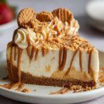 Slice of homemade no bake Biscoff cheesecake with cookie crust, creamy layered filling, Biscoff drizzle, whipped cream, and cookie crumbles on top. Served on a plate with crumbs and sauce around it.