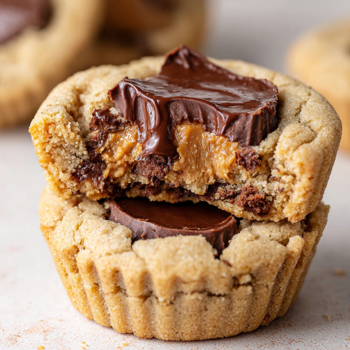 Homemade peanut butter cup cookies stacked, with one broken open to reveal gooey chocolate and creamy peanut butter inside.